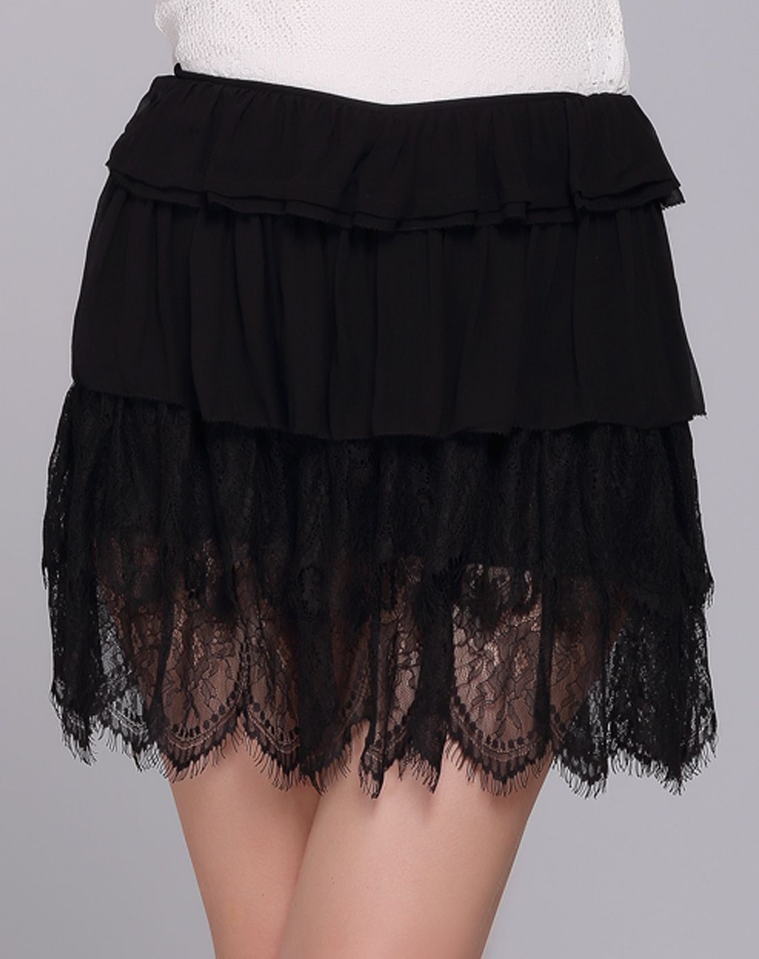 雪纺蕾丝边短蛋糕半身裙子