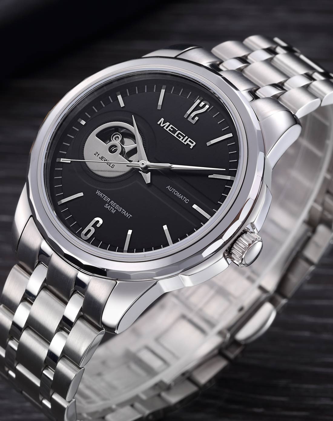 美格尔megir手表专场 黑面镂空时尚大气男士钢带机械表