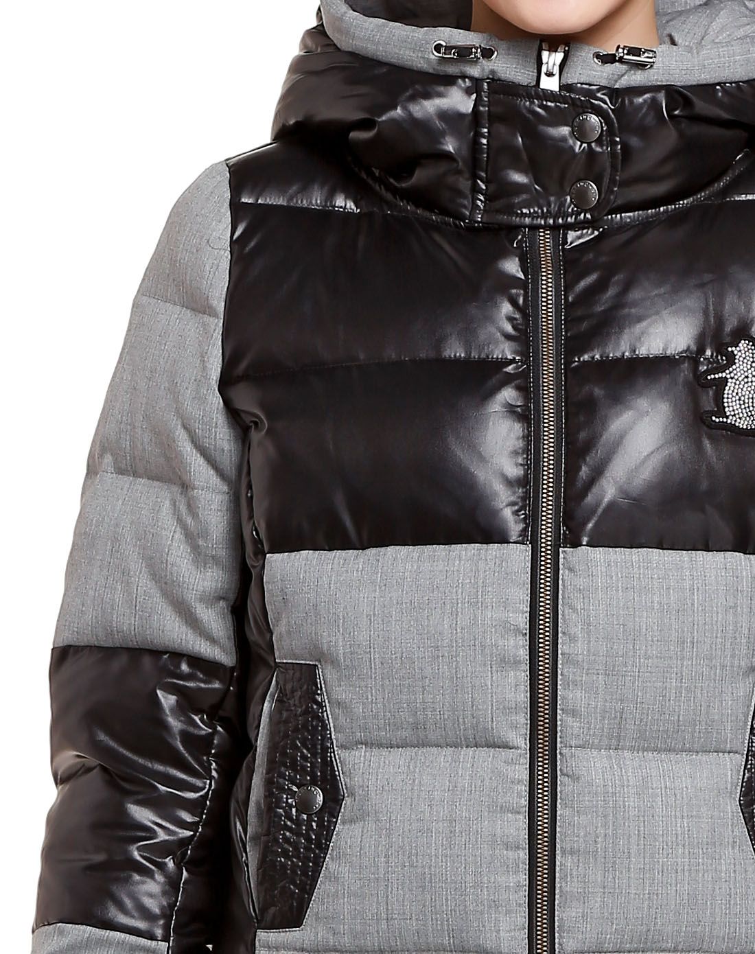 系列专场女款黑配灰色连帽长袖羽绒服 保暖轻便clp6204n100_唯品会