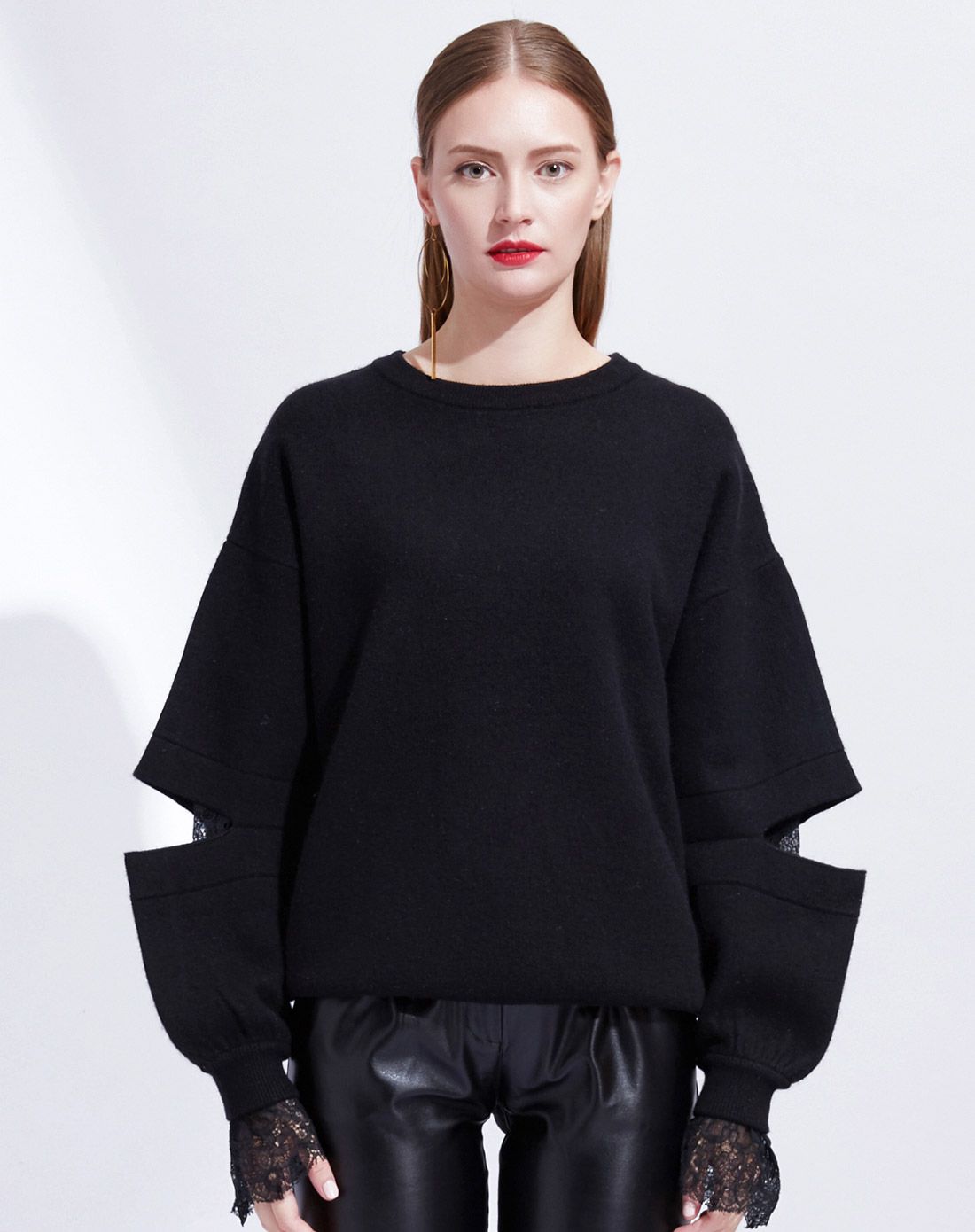 isabella b 黑色个性开口镂空蕾丝套头卫衣