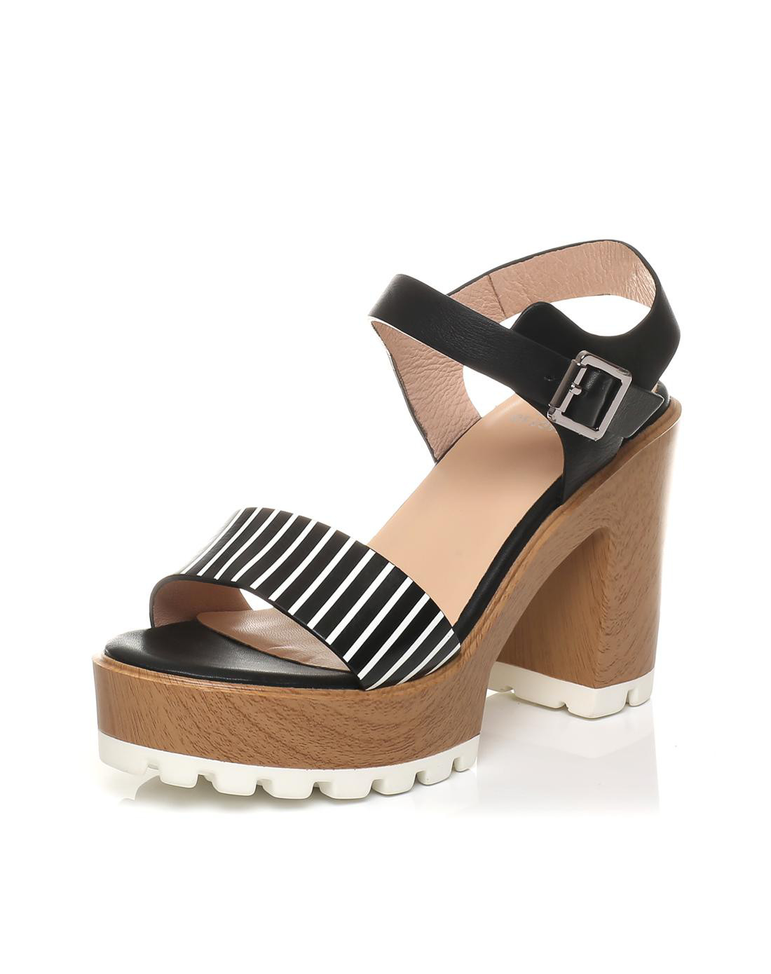 他她2017夏季专柜同款时尚条纹牛皮粗跟一字带女凉鞋