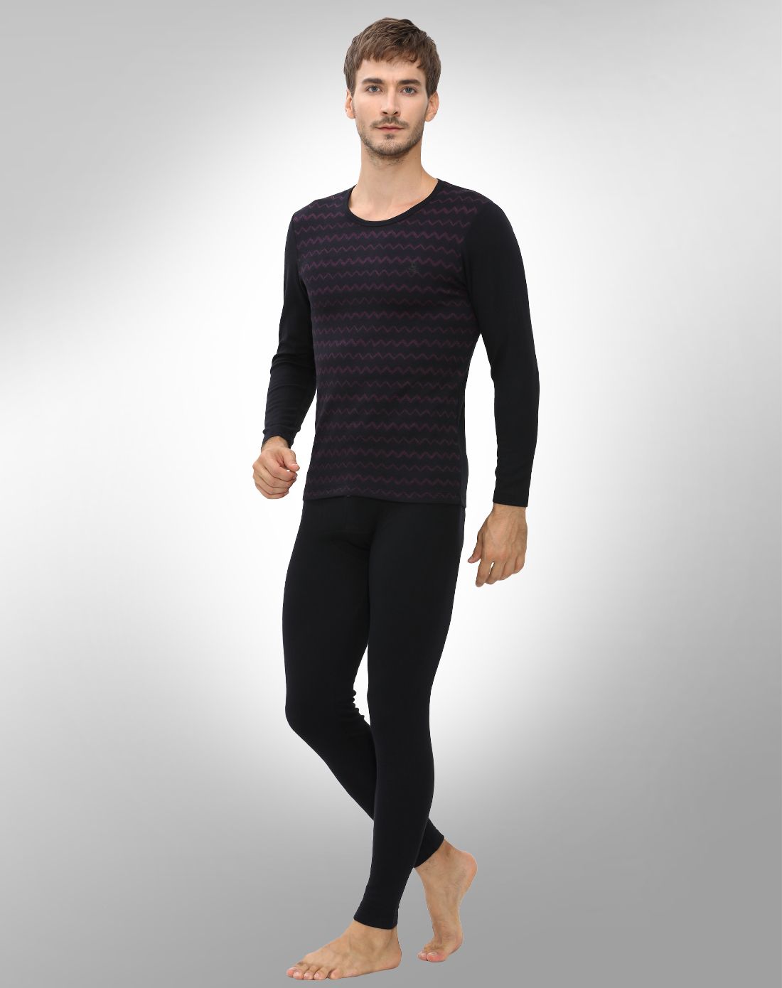 梦特娇男款黑/玫红色印纹长袖内衣套装