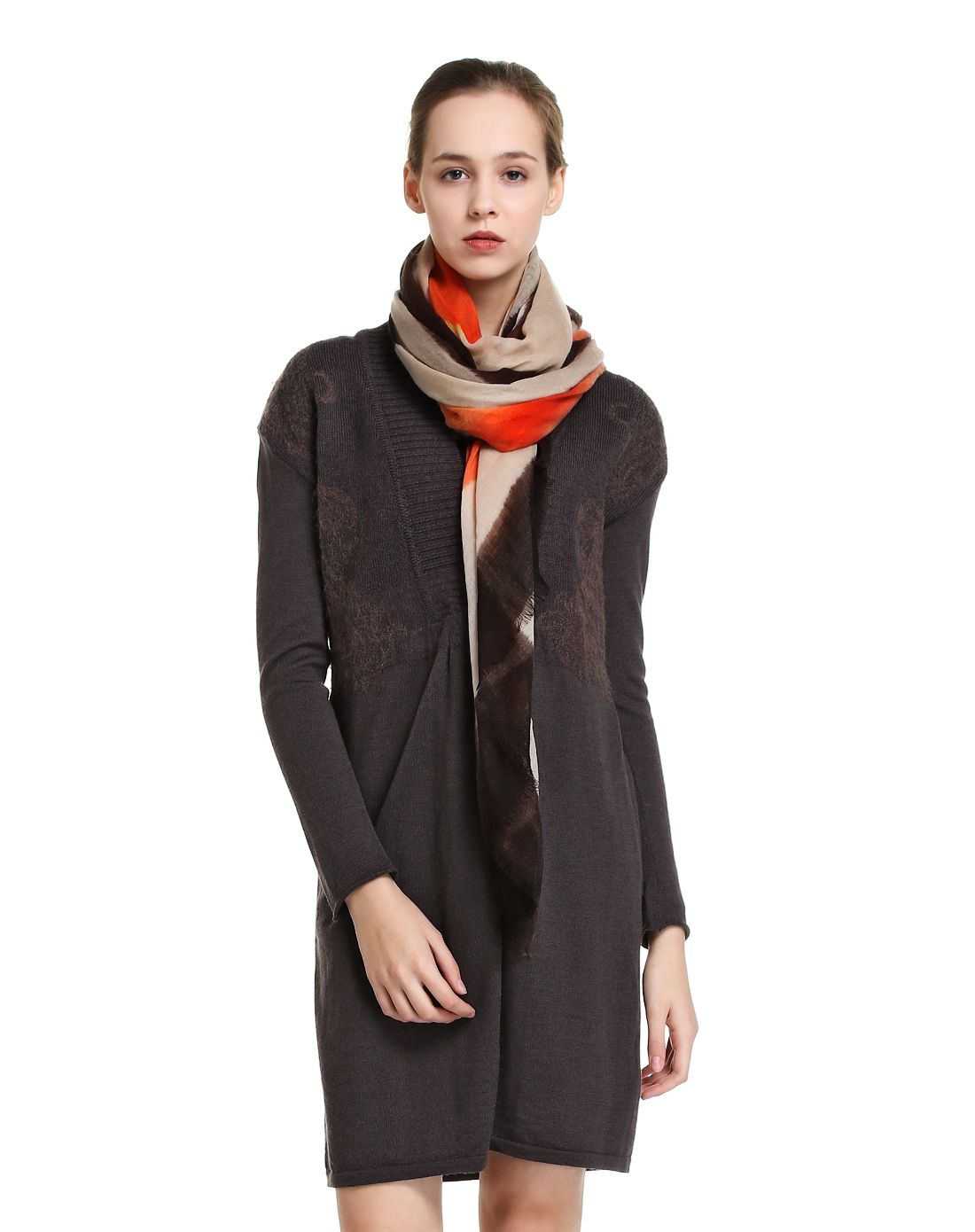 女性棕咖拉毛绣裙式开衫