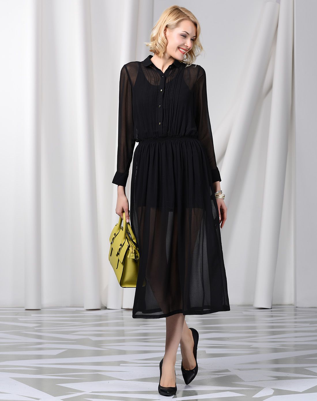 黑色雪纺长袖连衣裙