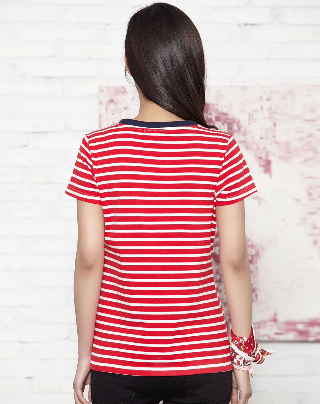 红白条女装圆领条纹短袖t恤