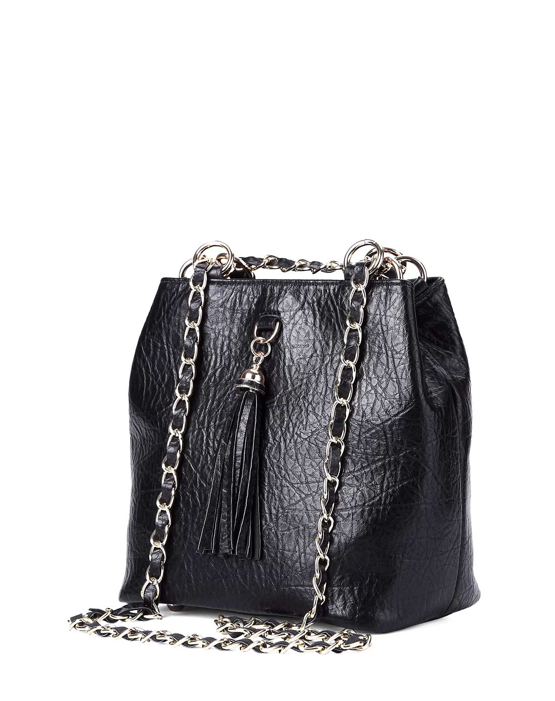 皮具专场女款黑色时尚百搭流苏斜挎水桶包ssdb422201_唯品会