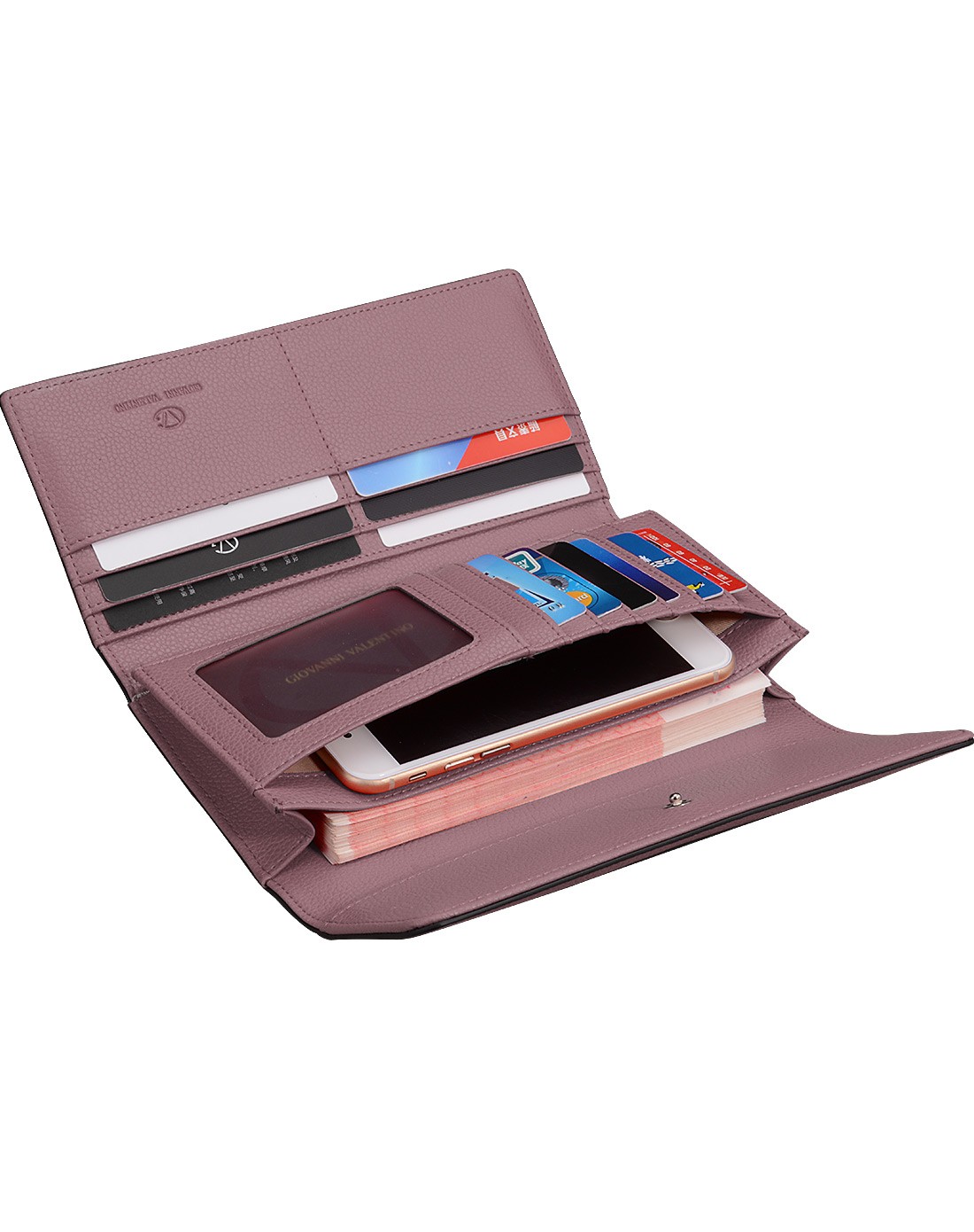 浅紫小荔枝纹牛皮三折长款票夹