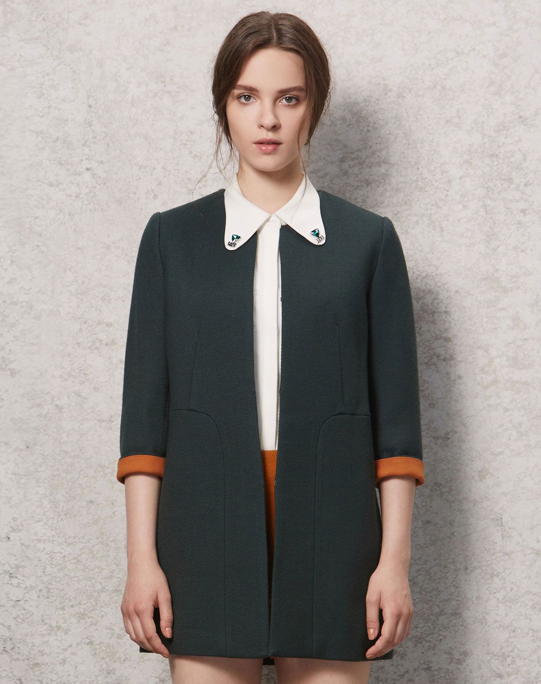 中长款修身七分袖圆领风衣外套