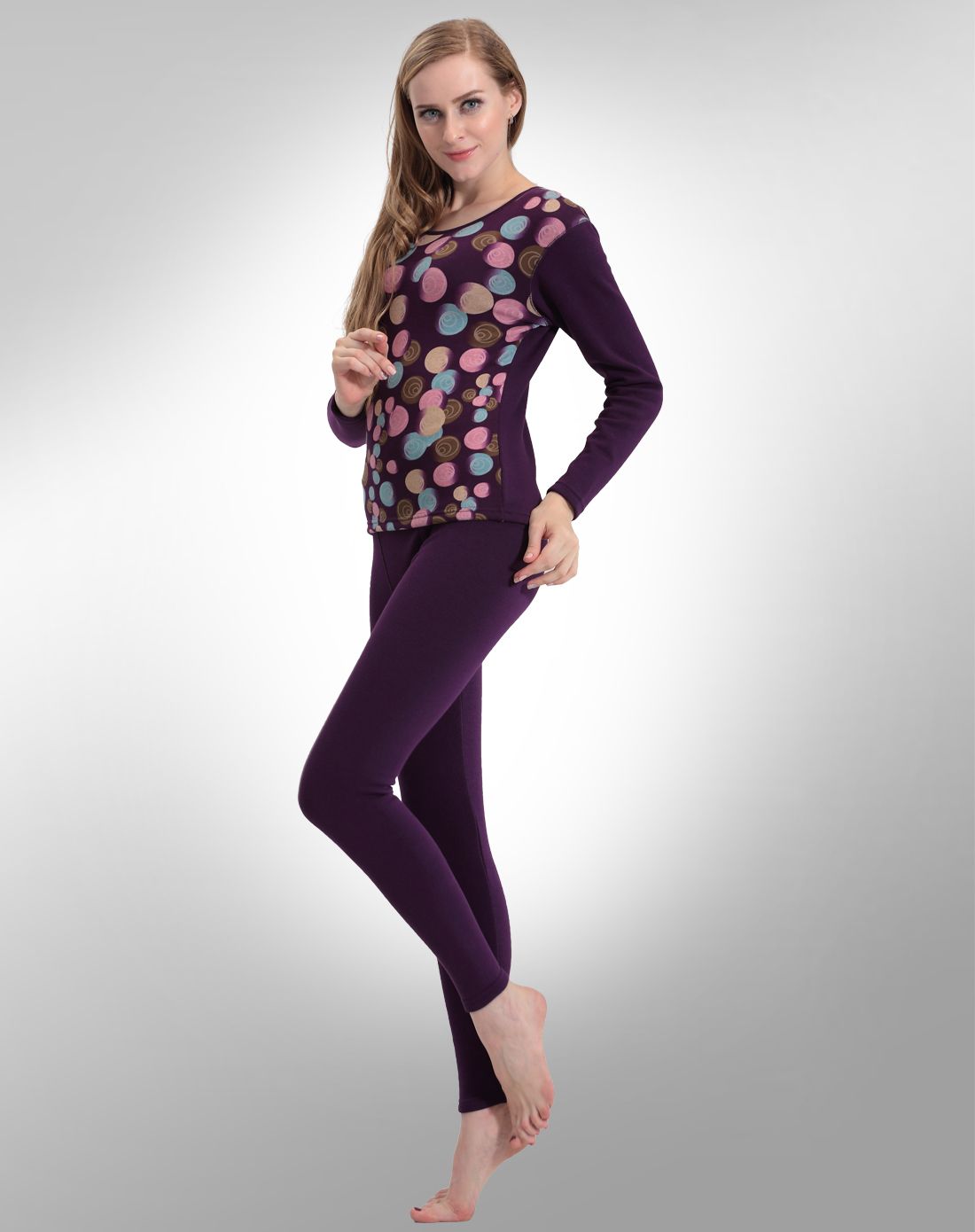 梦特娇女装圆领时尚甜美暖能加绒保暖内衣套装紫色