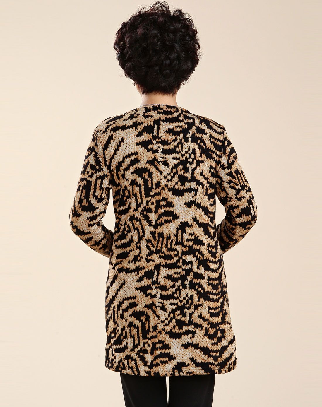女款黑驼色虎皮花纹中长款圆领上衣