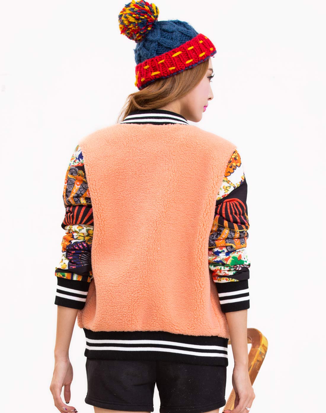 女款橡皮红加绒加厚单件上衣 潮流个性袖子拼接