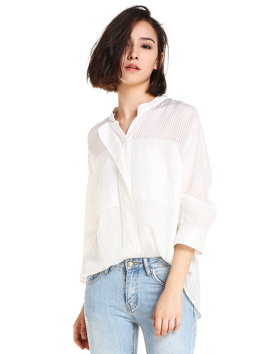 女款白色透气轻薄桑蚕丝长袖衬衫