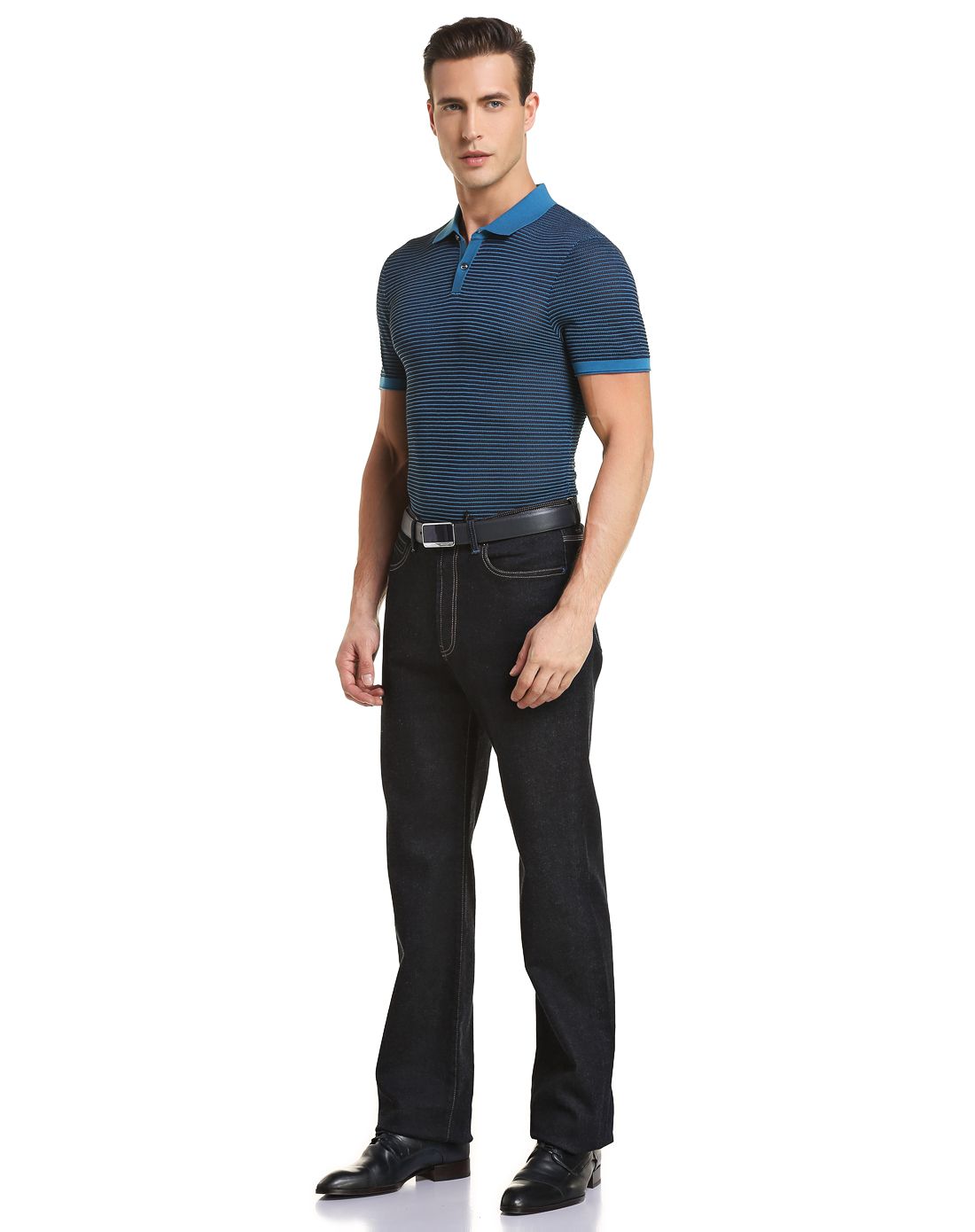 灰蓝/藏蓝色条纹提花翻领短袖t恤