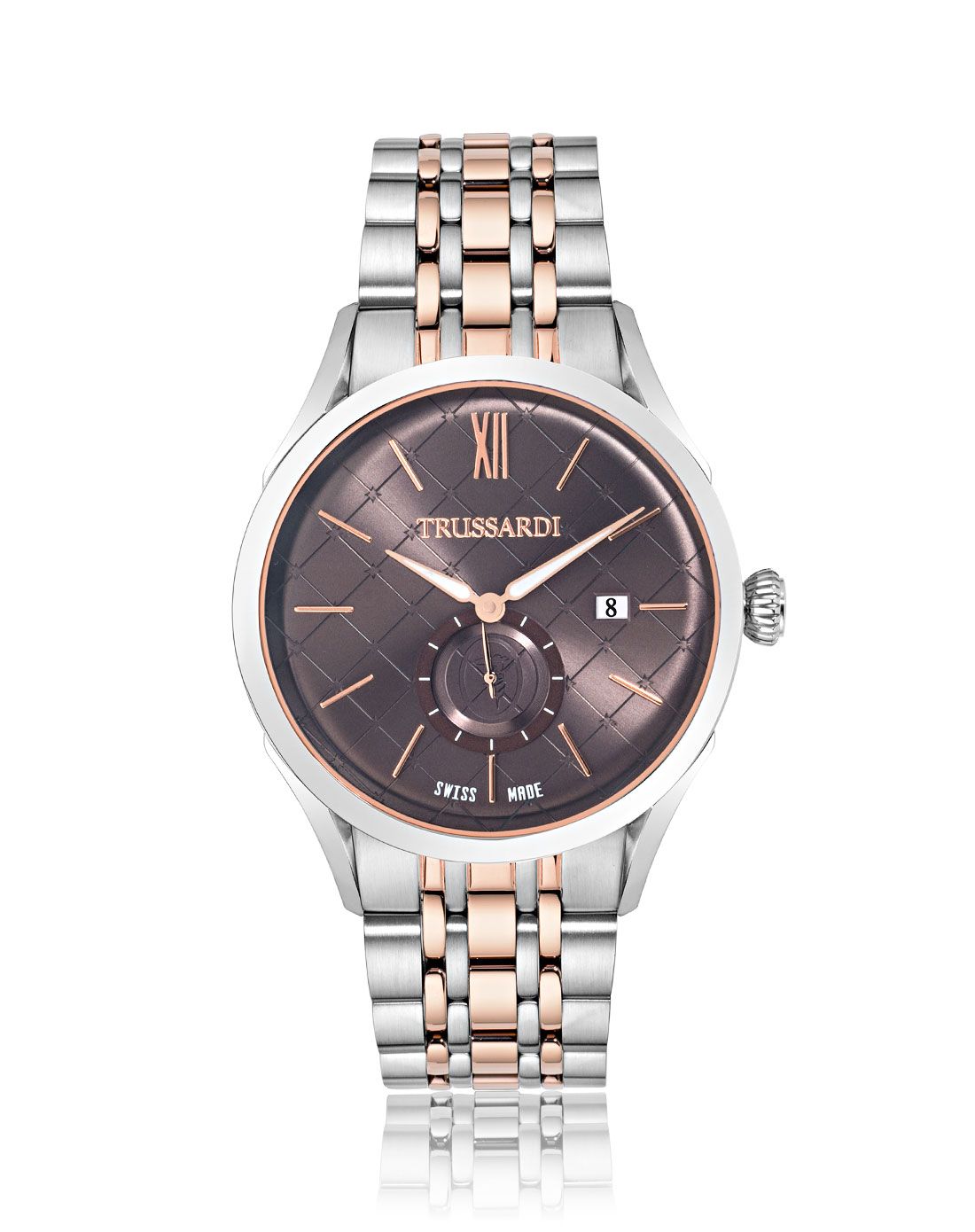 > trussardi 瑞士制造米兰系列间玫瑰金色小秒针石英机芯腕表配衬深