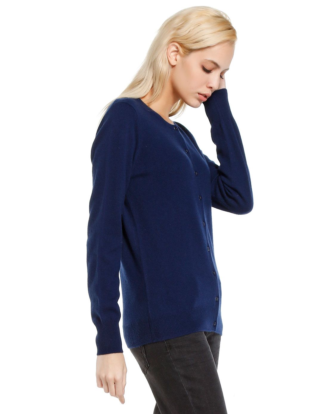 galerieslafayette深蓝色百搭开襟长袖羊绒衫