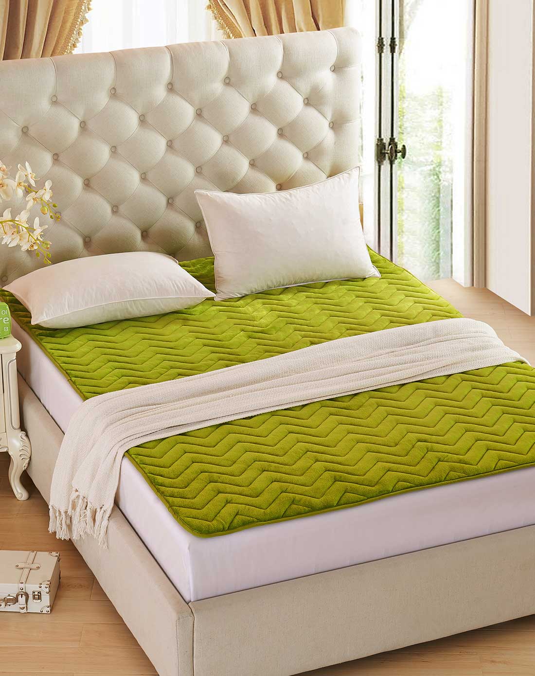 维诺迪vinodi家纺专场草绿色法莱绒波浪纹床垫120*200cmcd1510242