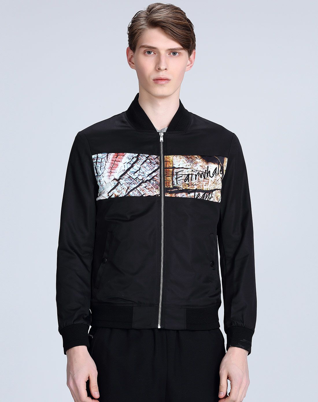 马克华菲mark fairwhale jeans黑色潮流印花长袖外套7153107158099