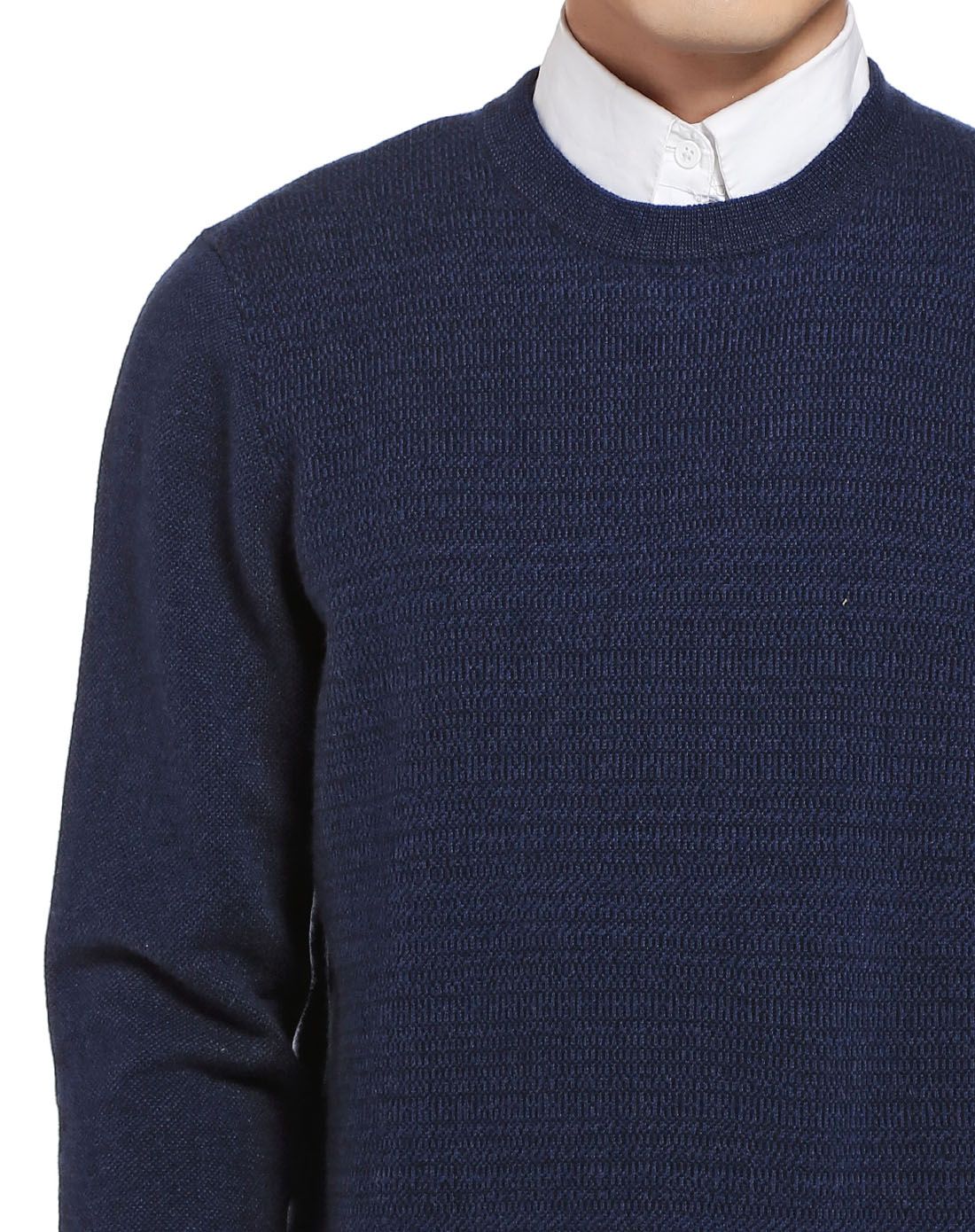 男深酞蓝圆领虚提男套衫