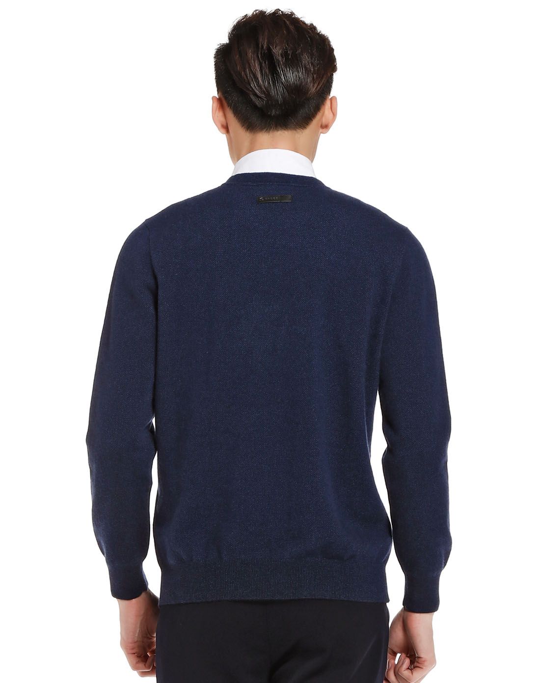 男深酞蓝圆领虚提男套衫