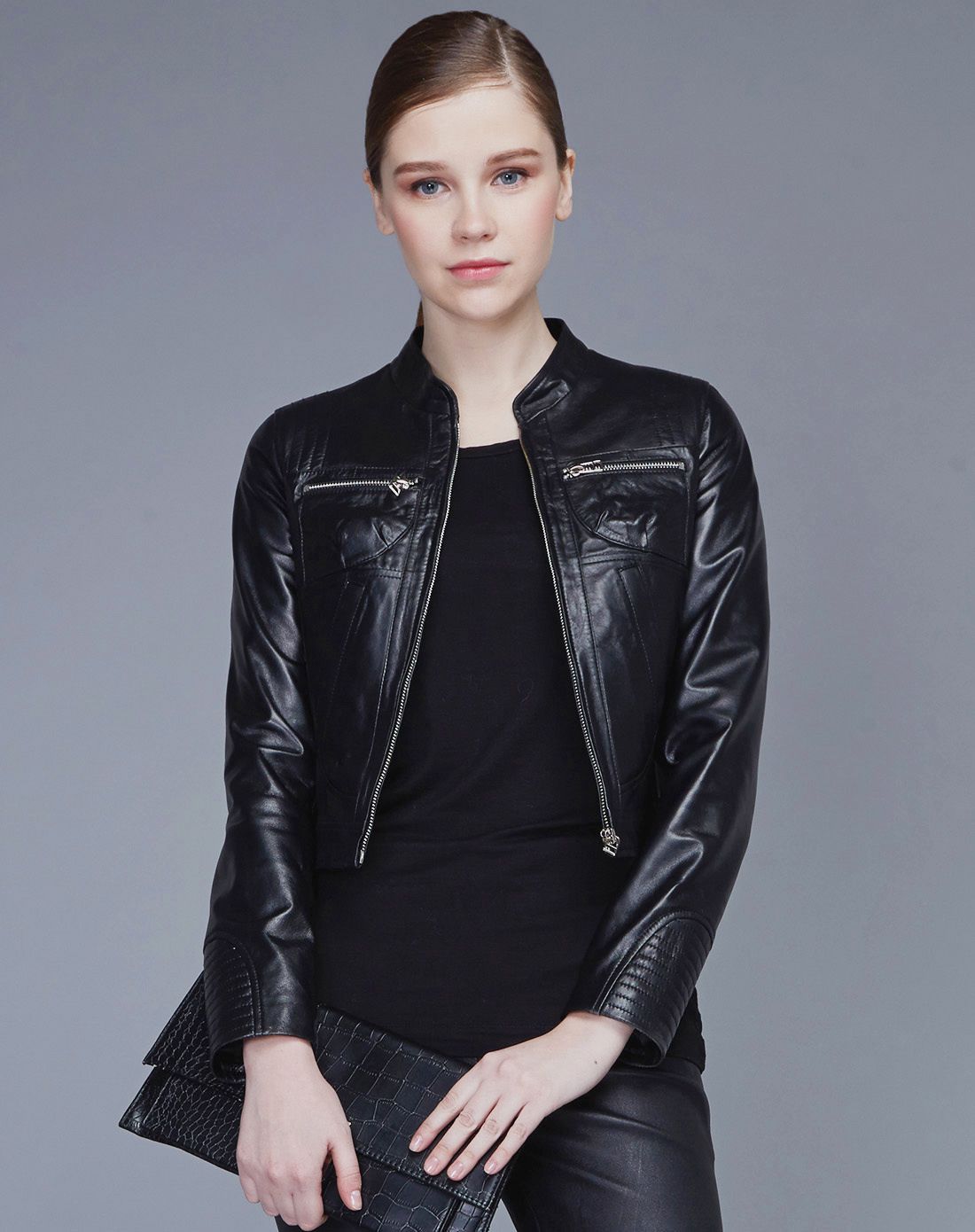 黑色羊皮时尚短款女士夹克