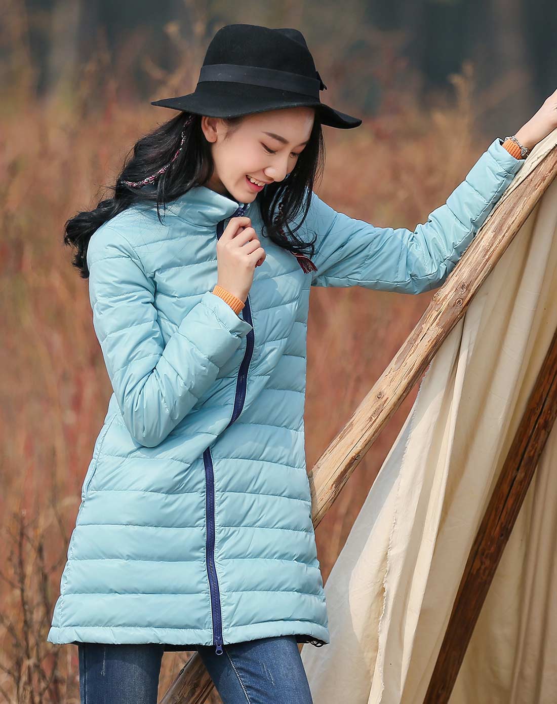 裂帛 绿色立领撞色拉链插袋中长款羽绒服