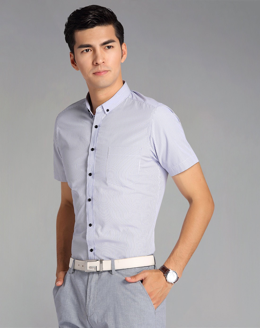 红豆hodo蓝/白色修身圆摆条纹短袖衬衫hwp6c8211b1_唯品会