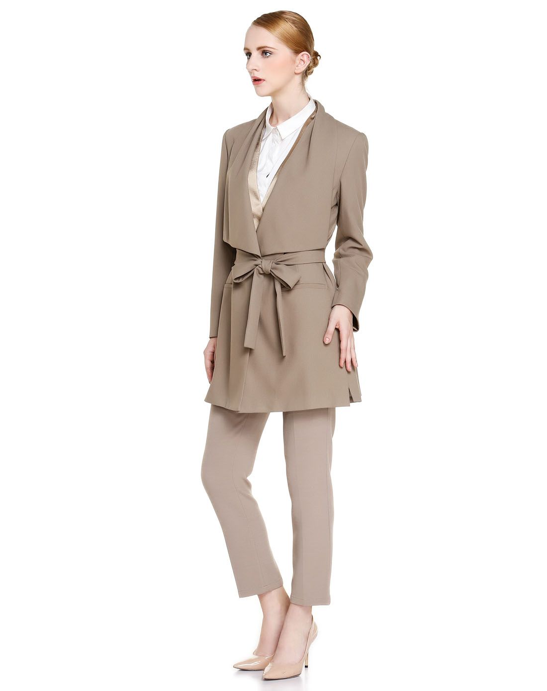 灰驼色优雅时尚长款长袖风衣