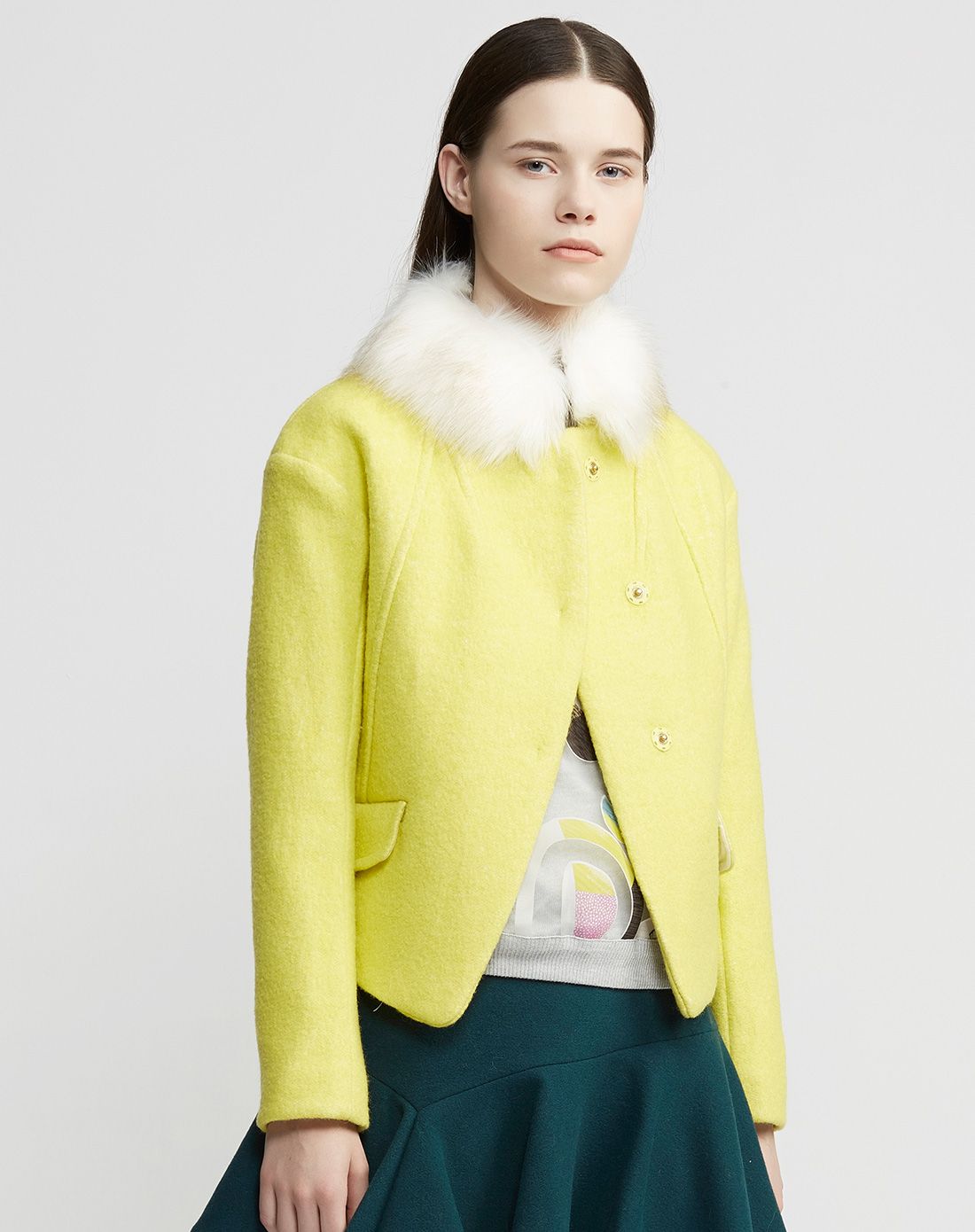 丽丽lily明黄纯色修身毛领毛呢外套114440k330624_唯品会