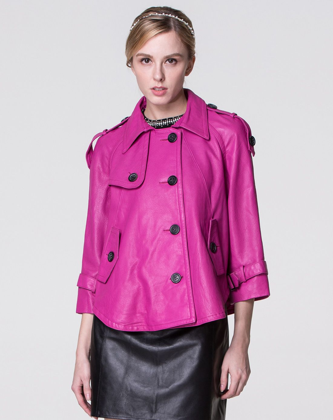 女款玫红色优雅气质绵羊皮皮衣