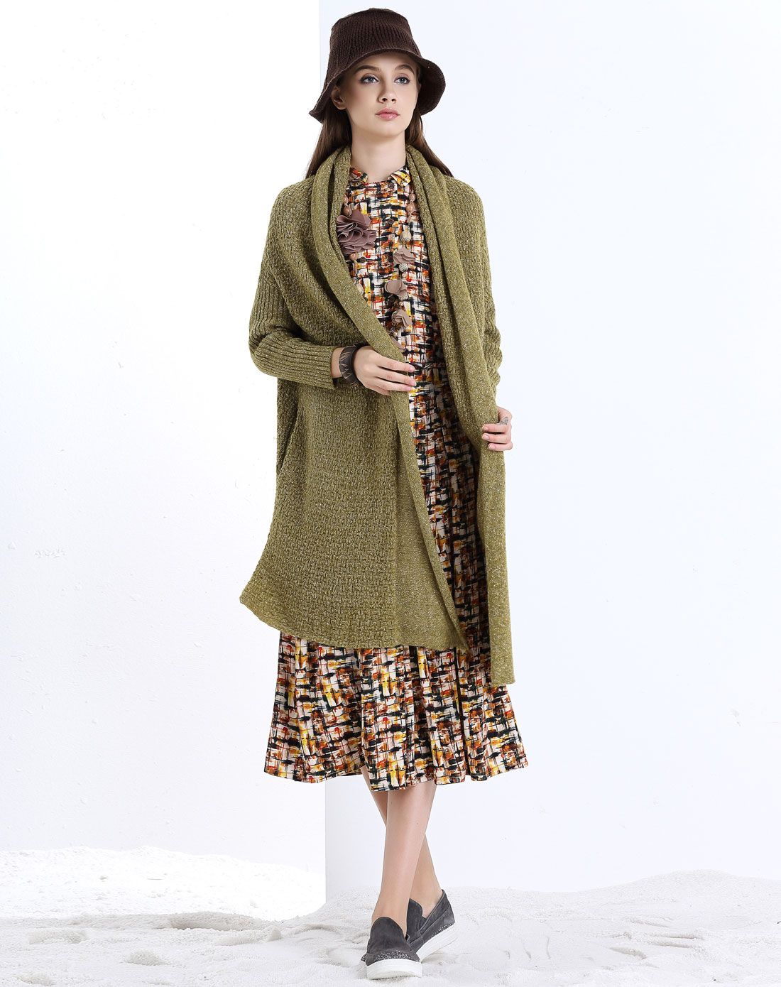 深秋香色羊毛棉混纺保暖加厚时尚长款开衫