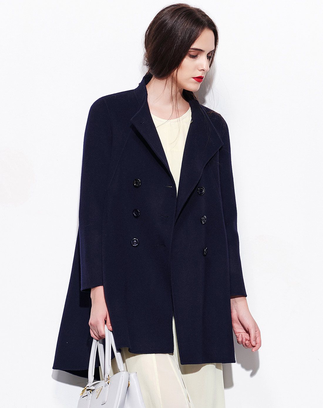 藏青时尚双排扣长款羊毛双面呢大衣