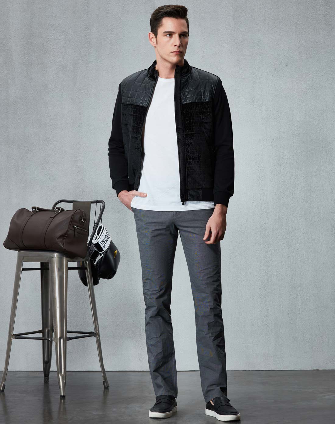 劲霸&cncn男装黑色潮流拼接精致格纹平绒短版茄克fkdx3055e01_唯品会