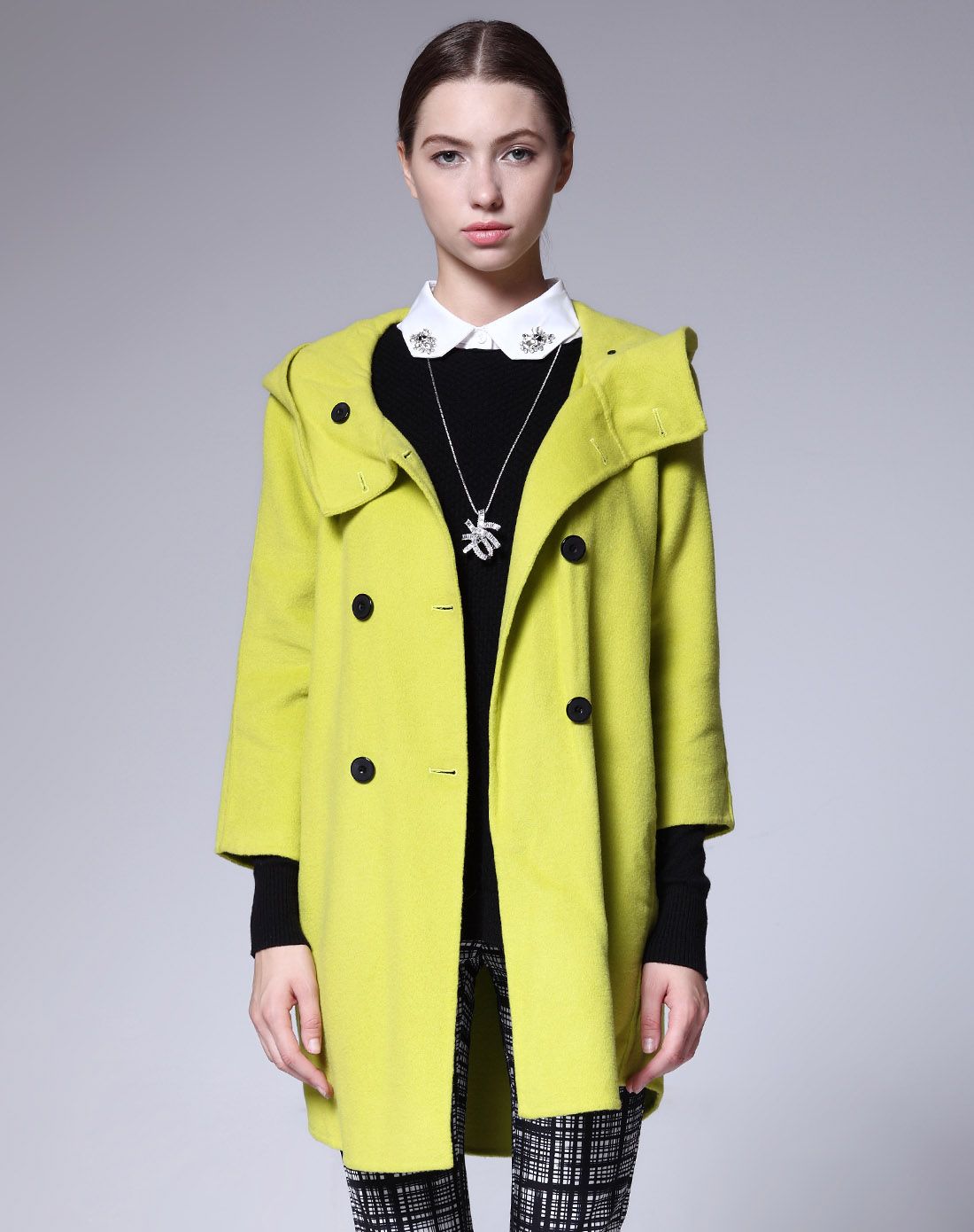 亨奴hono女装专场 黄绿带帽纽扣毛呢长袖毛呢外套