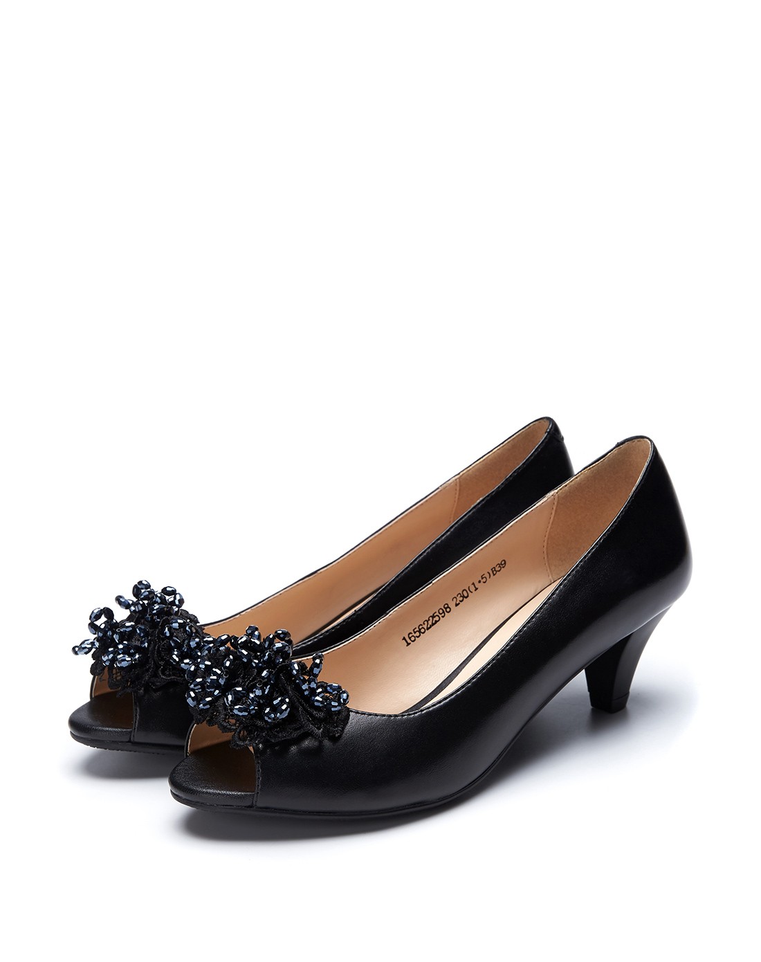 奥康女款2016新款黑色羊皮鱼嘴单鞋