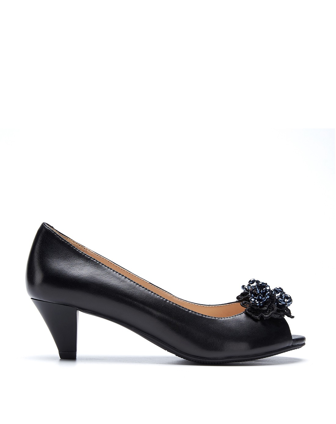 奥康女款2016新款黑色羊皮鱼嘴单鞋