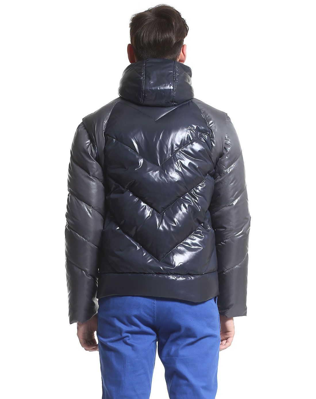 gather jewels男装移动专场深蓝/灰色时尚拼接连帽长袖羽绒服