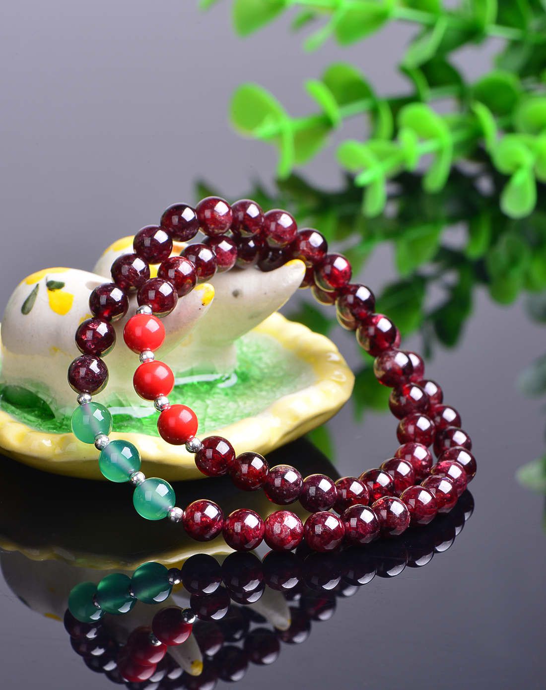 orgnitu 石榴石加红绿玛瑙两圈手链附证书