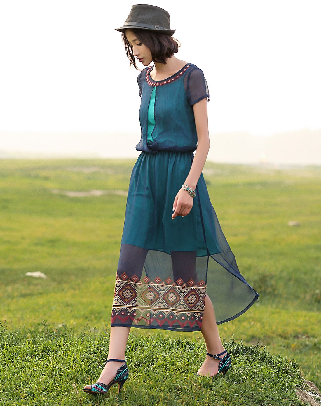 裂帛女装&内衣裂帛 蓝绿连衣裙511515541127_唯品会