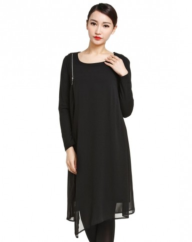 珂莱蒂尔koradior elsewhere女装专场 黑色雪纺假两件长袖连衣裙