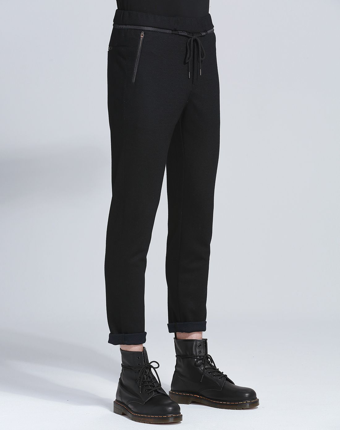 马克华菲mark fairwhale jeans黑色紧腰带舒适休闲长裤7154601057099