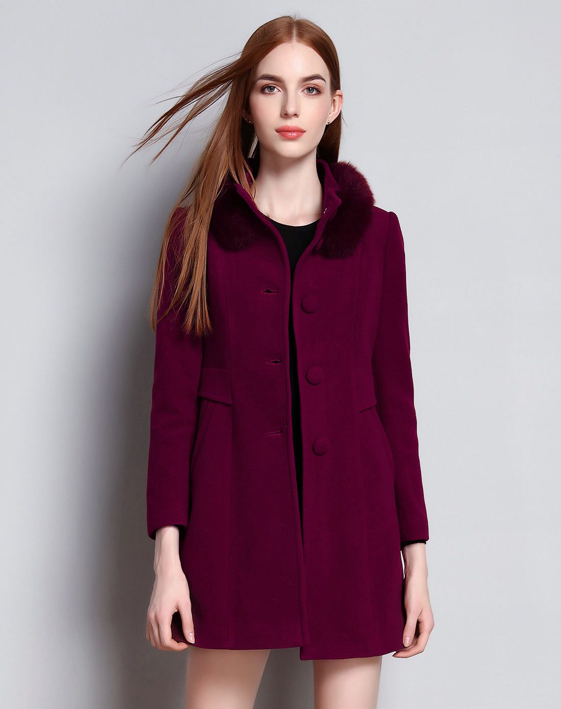 酒红色立领长袖单排扣百搭名媛中长款毛呢大衣