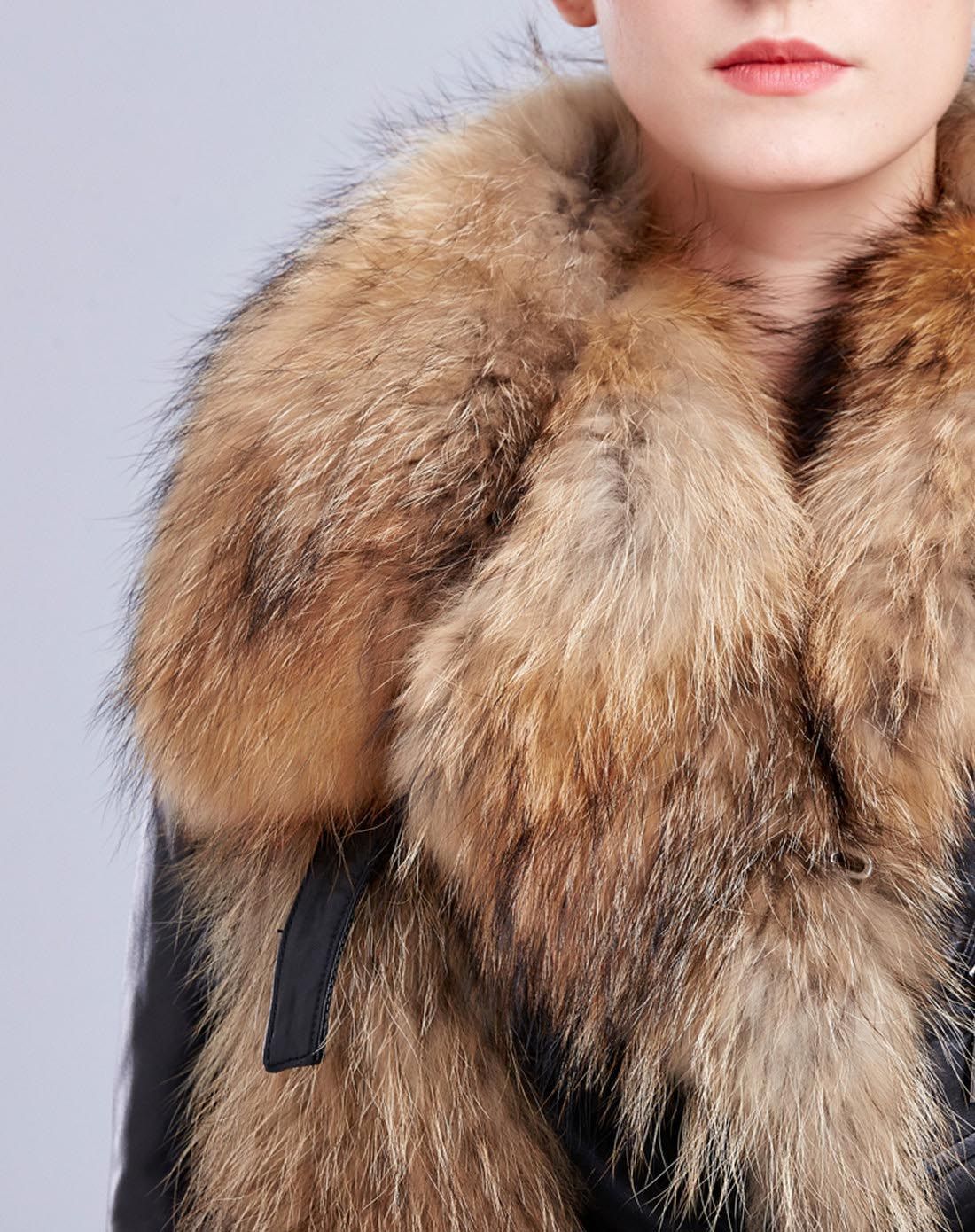 女款黑色貉子毛领襟绵羊皮皮衣