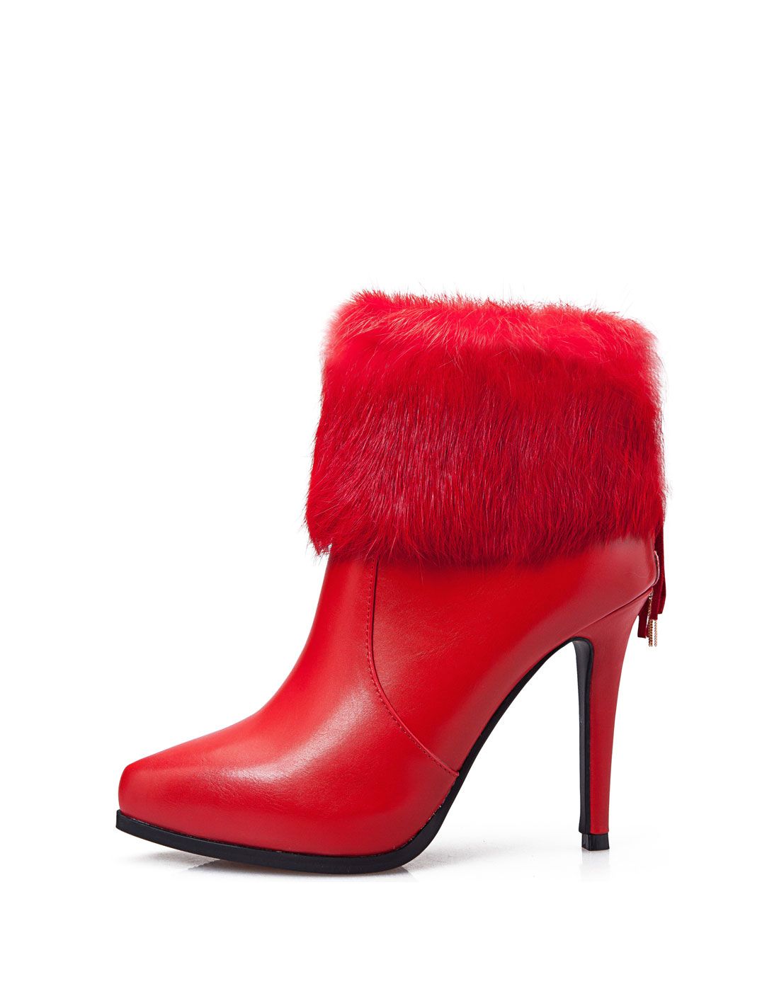 2015冬季新款细高跟兔毛红色女靴子