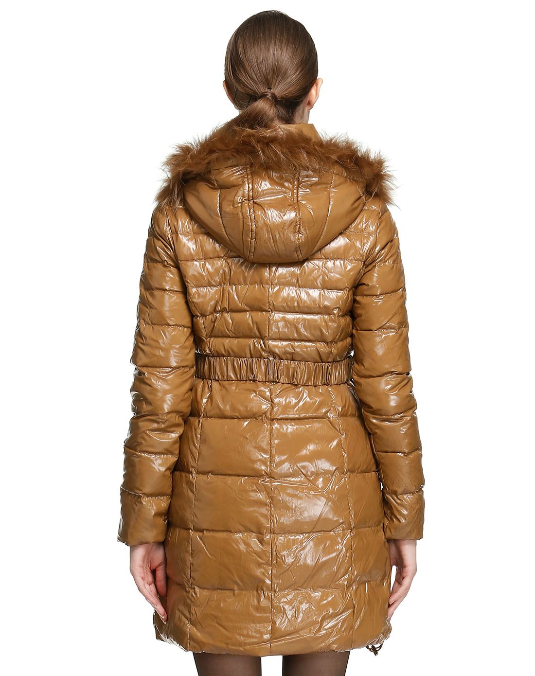 铜棕色典雅气质中长款长袖羽绒服