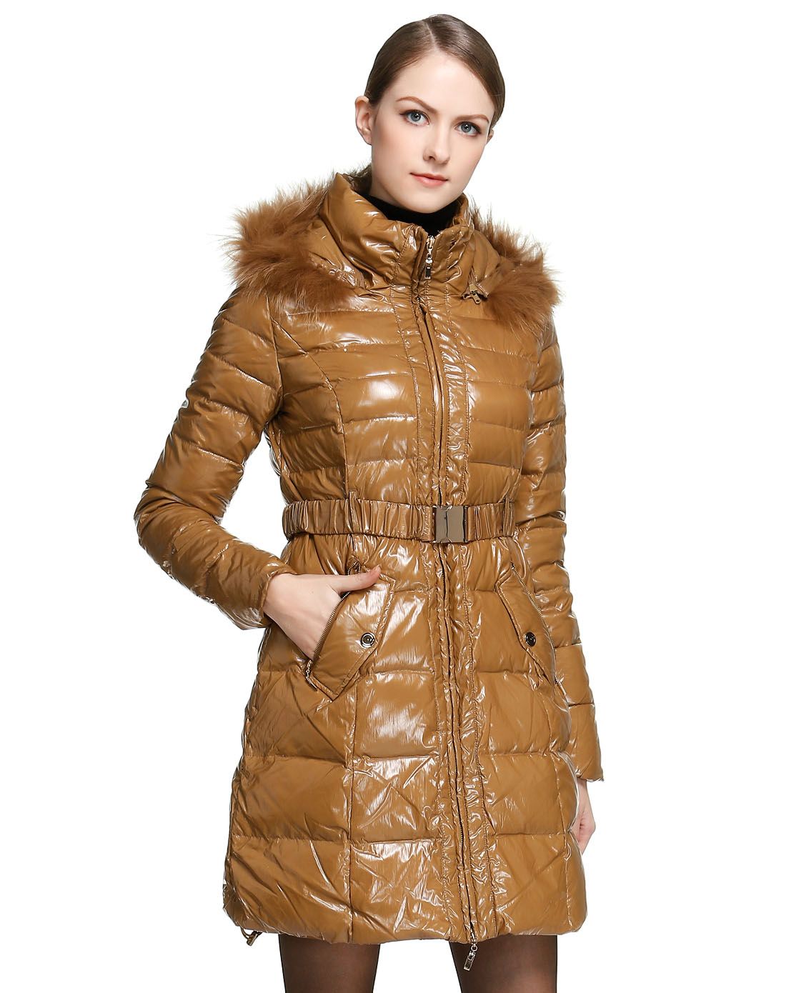 铜棕色典雅气质中长款长袖羽绒服