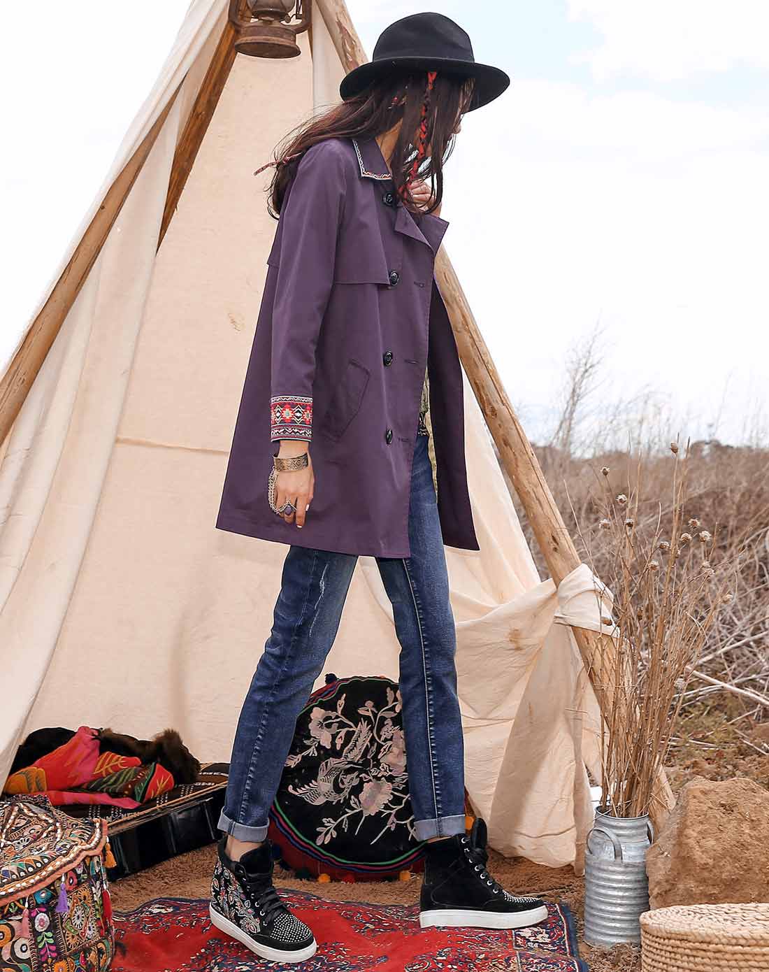 裂帛&莲灿女装裂帛 紫色民族风刺绣翻领双排扣风衣511508630901_唯品