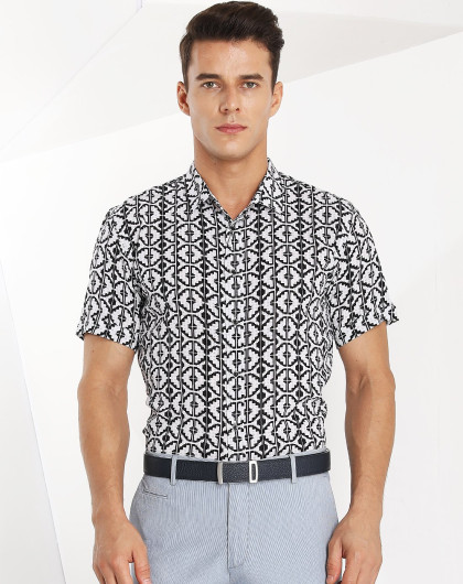 舒适提花面料时尚翻领休闲短衬黑/白