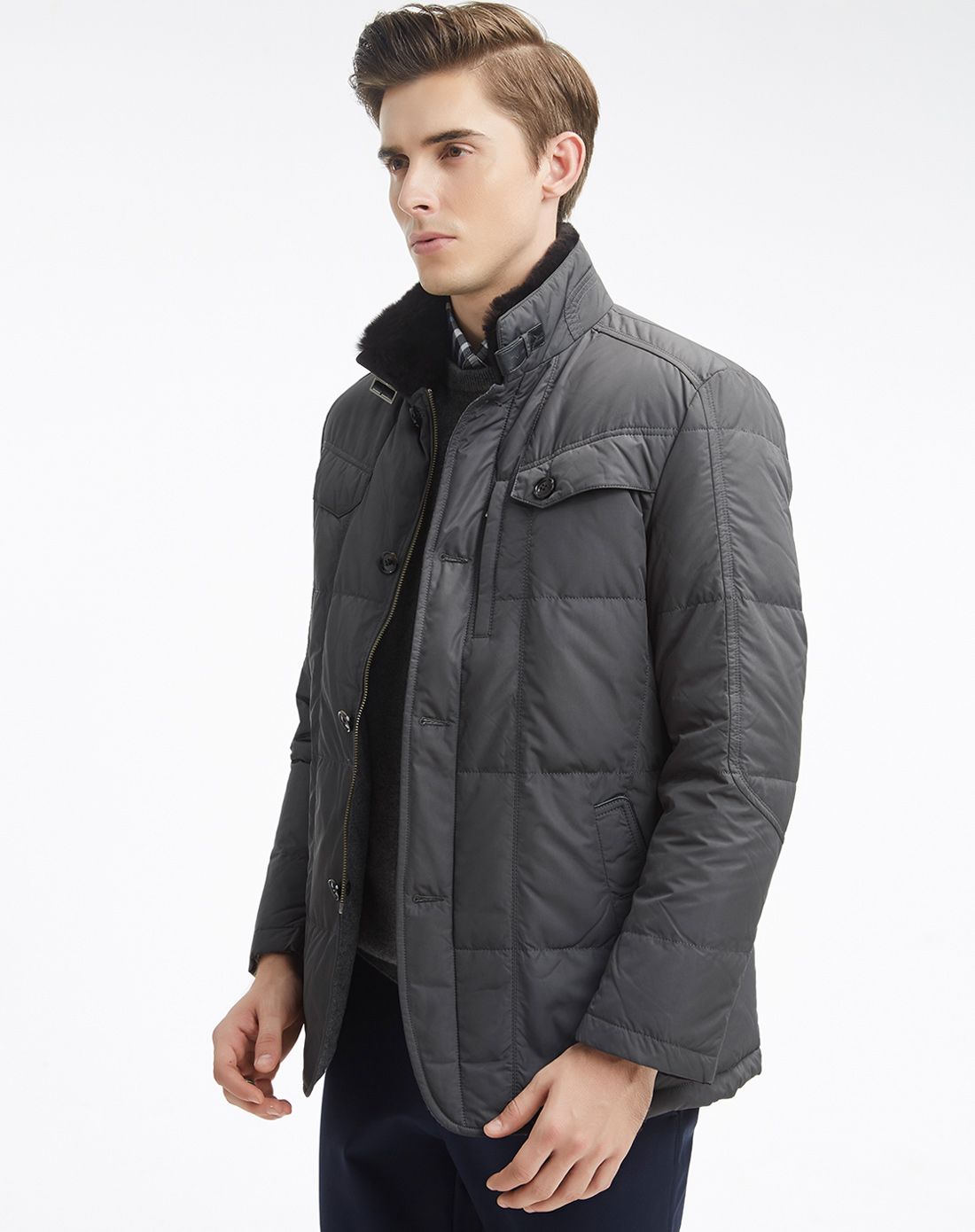 凯迪东尼cardydony男装专场 男款墨绿獭兔毛皮领白鸭绒羽绒服