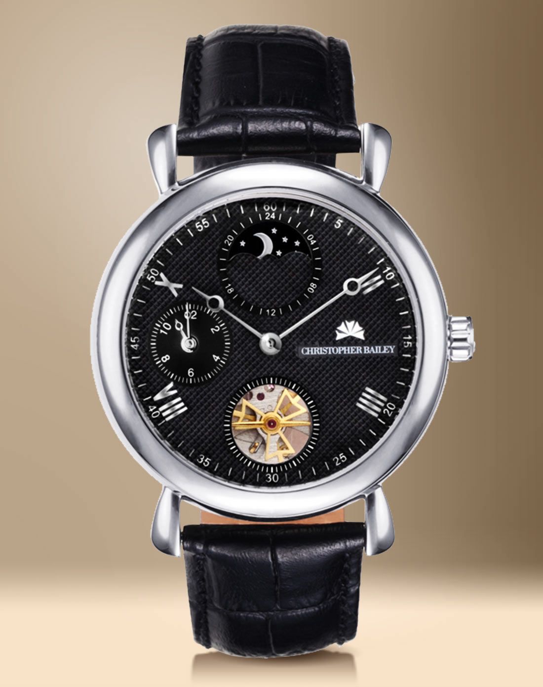 珂芮柏蒂男款 指挥官经典黑背透双时区日相机械男表cb00147_唯品会