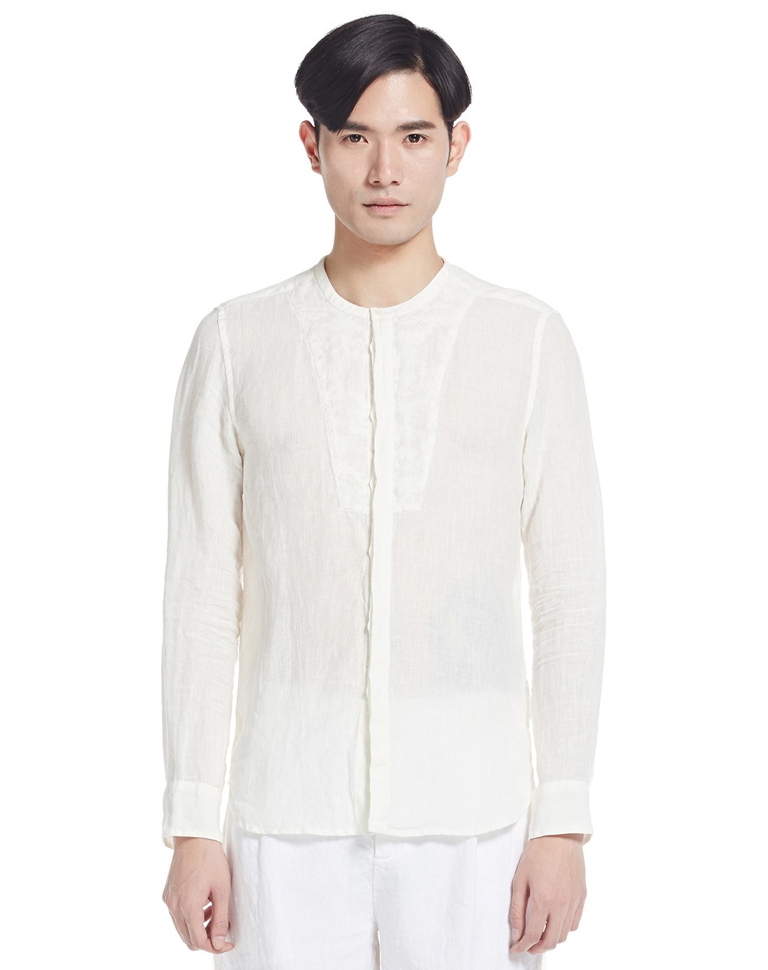 pi拼贴绣花设计低调无领长袖衬衫衬衣